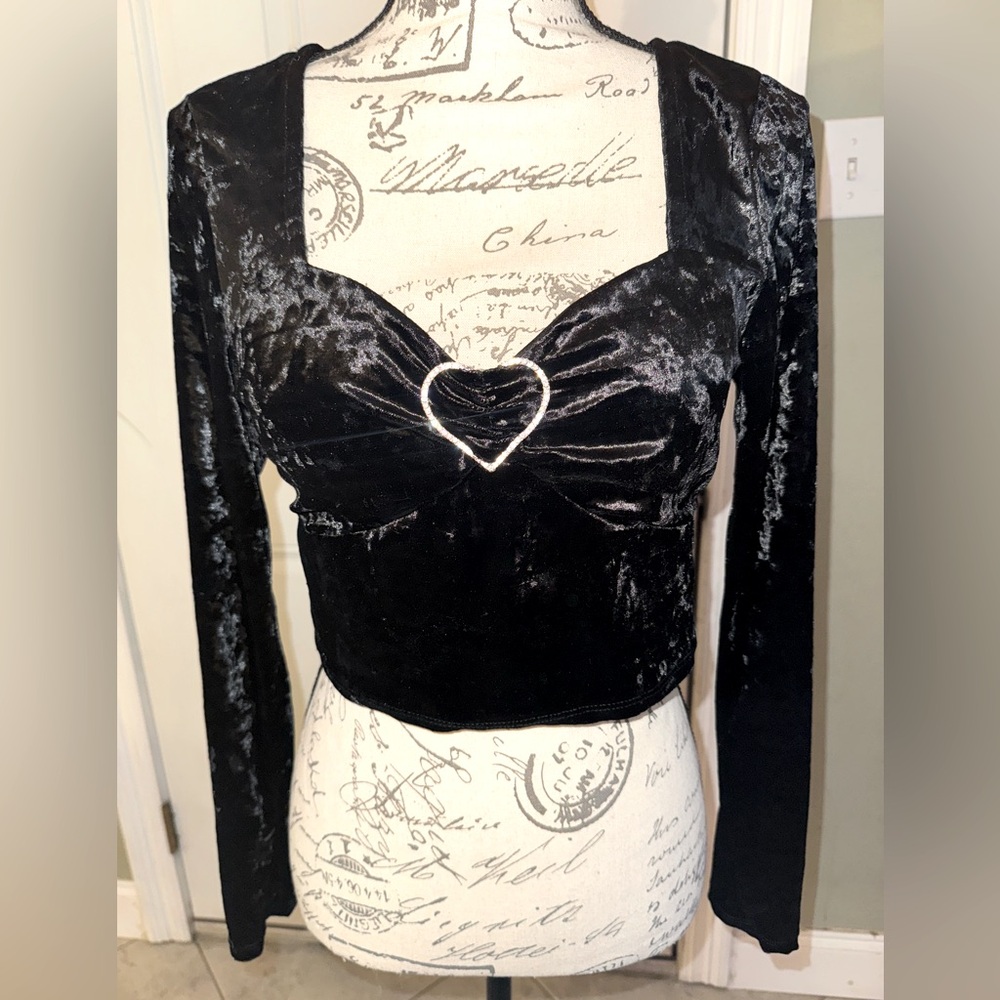 Steve Madden Sweetheart Black Velvet Long Sleeve Crop Padded Bust Large NWOT